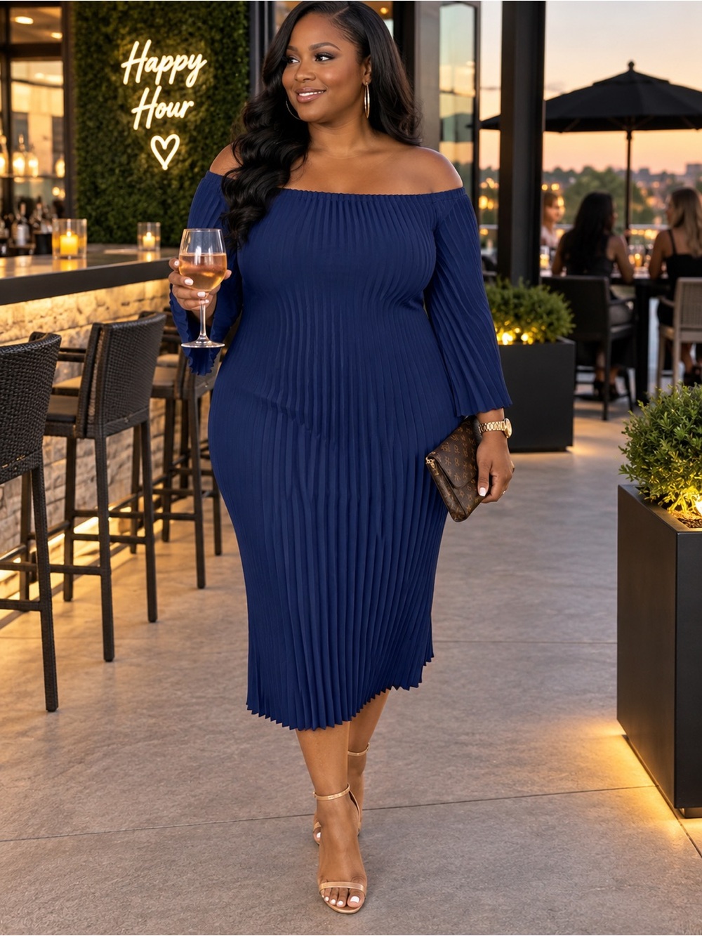Trina Turk Navy Off-Shoulder Pleated Midi Dress